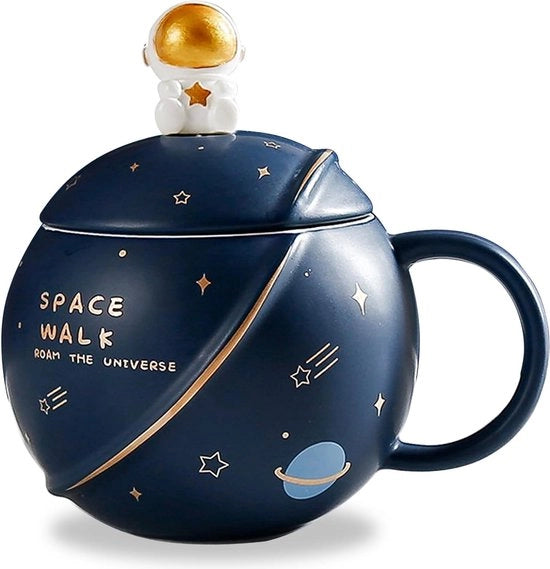 Moka ceramica spaziale, tazza da caffè con coperchio e cucchiaio, tazze personalizzate per caffè, tè e latte, regalo di mamma, regalo di compleanno per donne/bambini, 400ML (blu scuro)