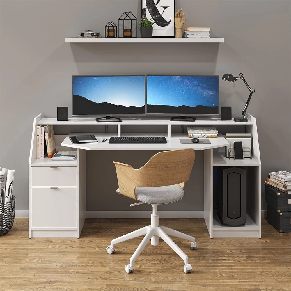 Scrivania computer Joel, Bianco, 179.8 x 65.5 cm, con ripiani per accessori e supporto rialzato per monitor
