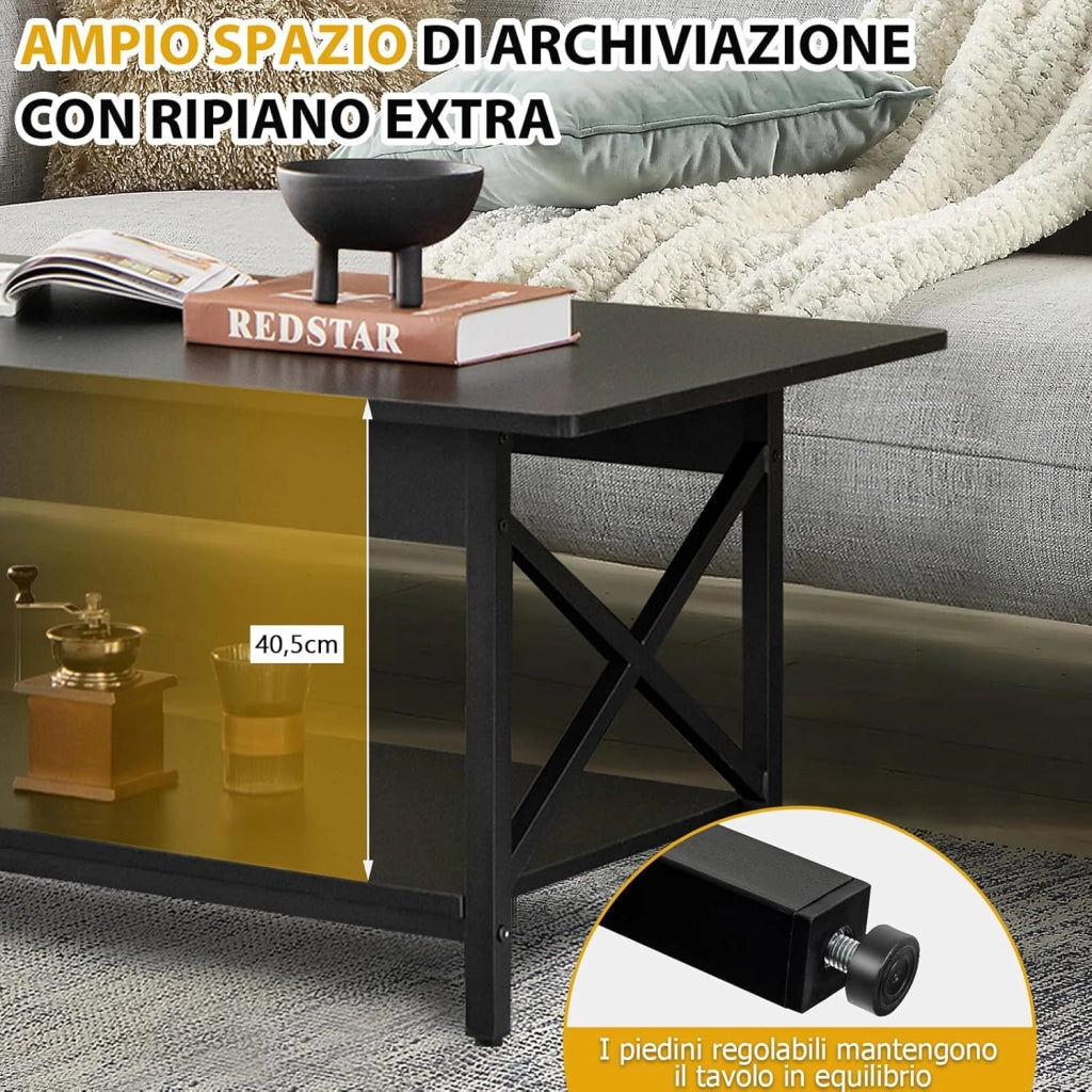 Tavolino da Salotto 2 Livelli, Tavolino da Caffè Industriale con Struttura in Metallo a Forma di X, Tavolino Rettangolare per Soggiorno, Studio e Ufficio, 60 x 110 x 48 cm (Nero)