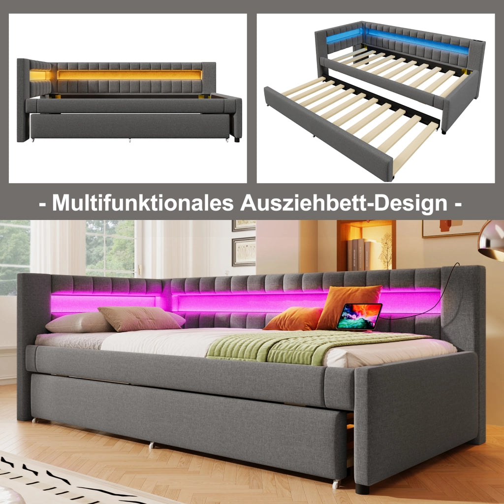 Divano letto pieghevole con LED e USB 90x200 cm colore grigio lino