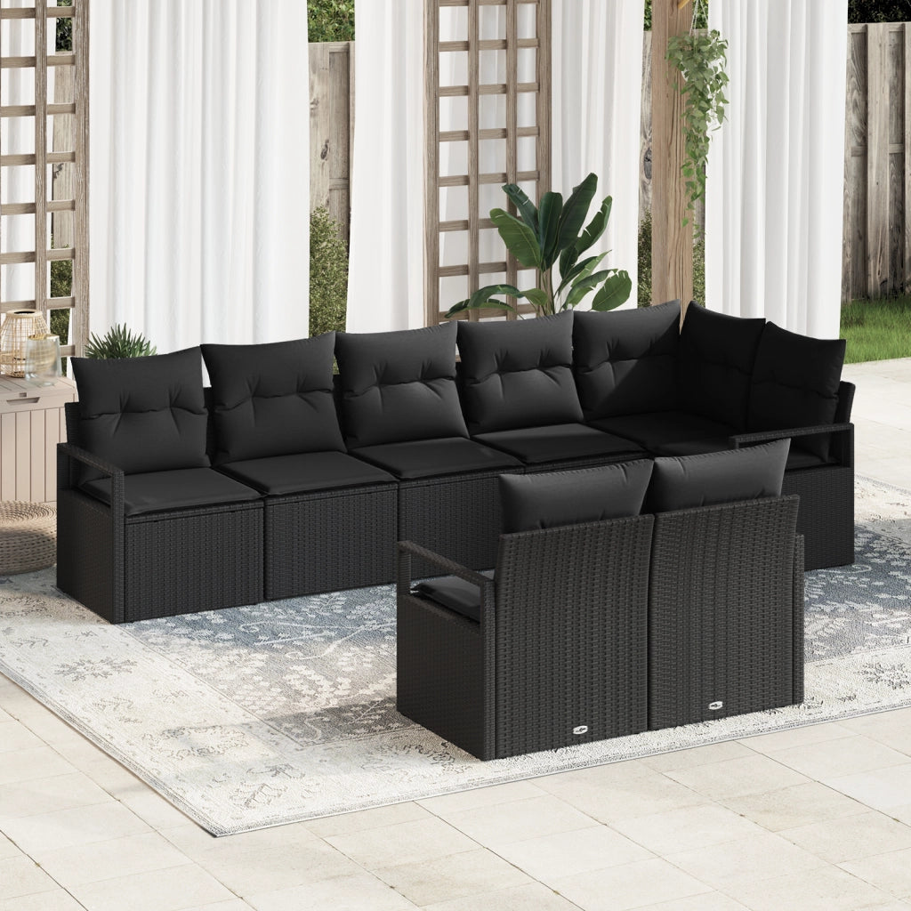 Set Divano da Giardino  8 Pezzi con Cuscini Nero Rattan Poliestere