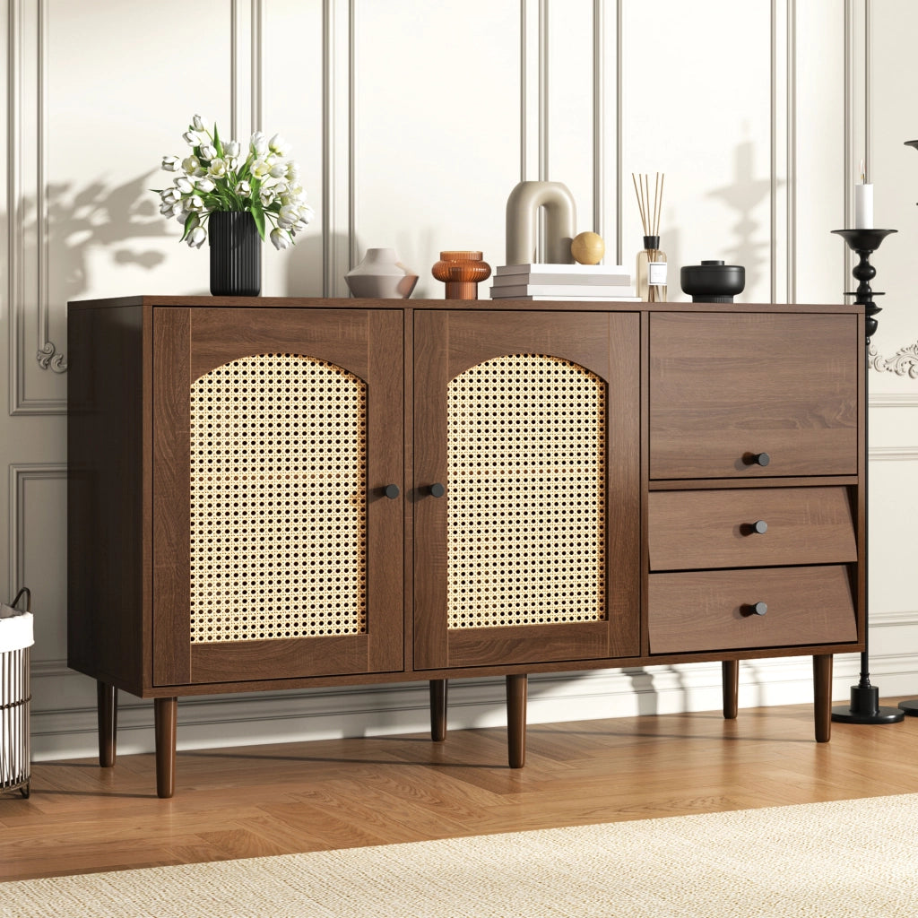 Credenza e Madia con 2 Ante in Rattan; Ripiani Regolabili; Stile Country; in Pannelli di Particelle; Legno; 130×40×75;5 cm