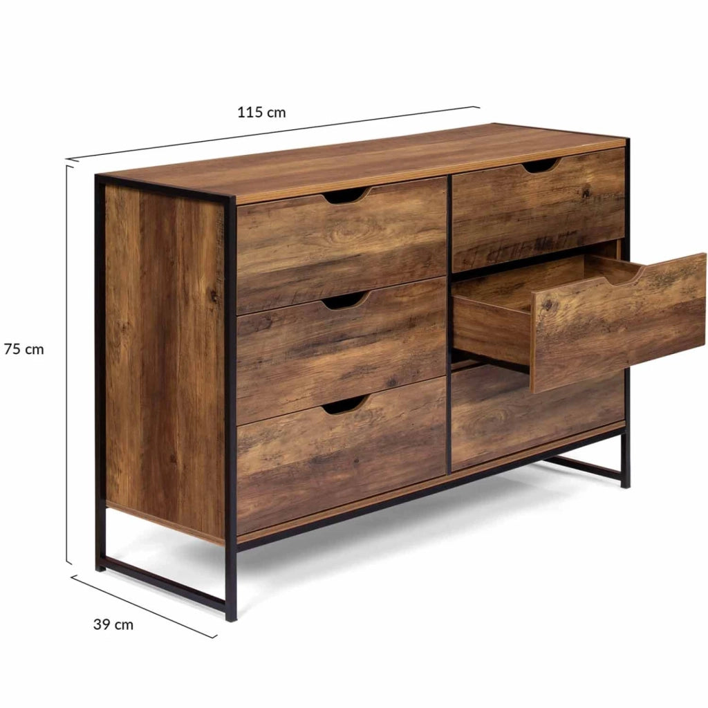 IDMarket - HAWKINS Cassettone a 6 cassetti da 115 cm in legno scuro, design industriale