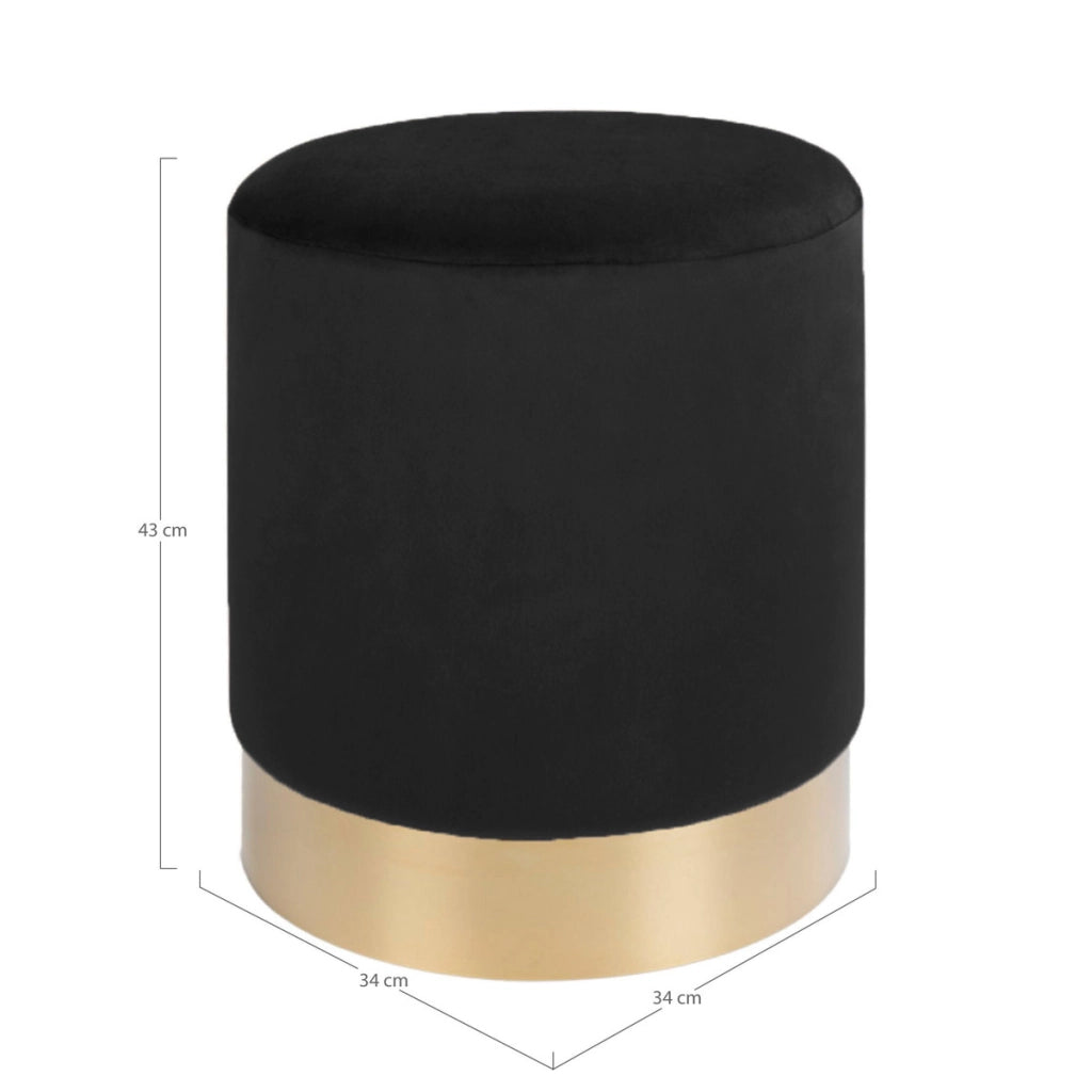 Pouf Gamby in velluto nero con base ottone, ø34×43 cm