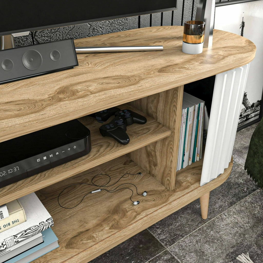 Mobile porta TV Bailu, Credenza da soggiorno, Armadio basso per TV, Base parete attrezzata, 140x43h64 cm, Quercia e Bianco