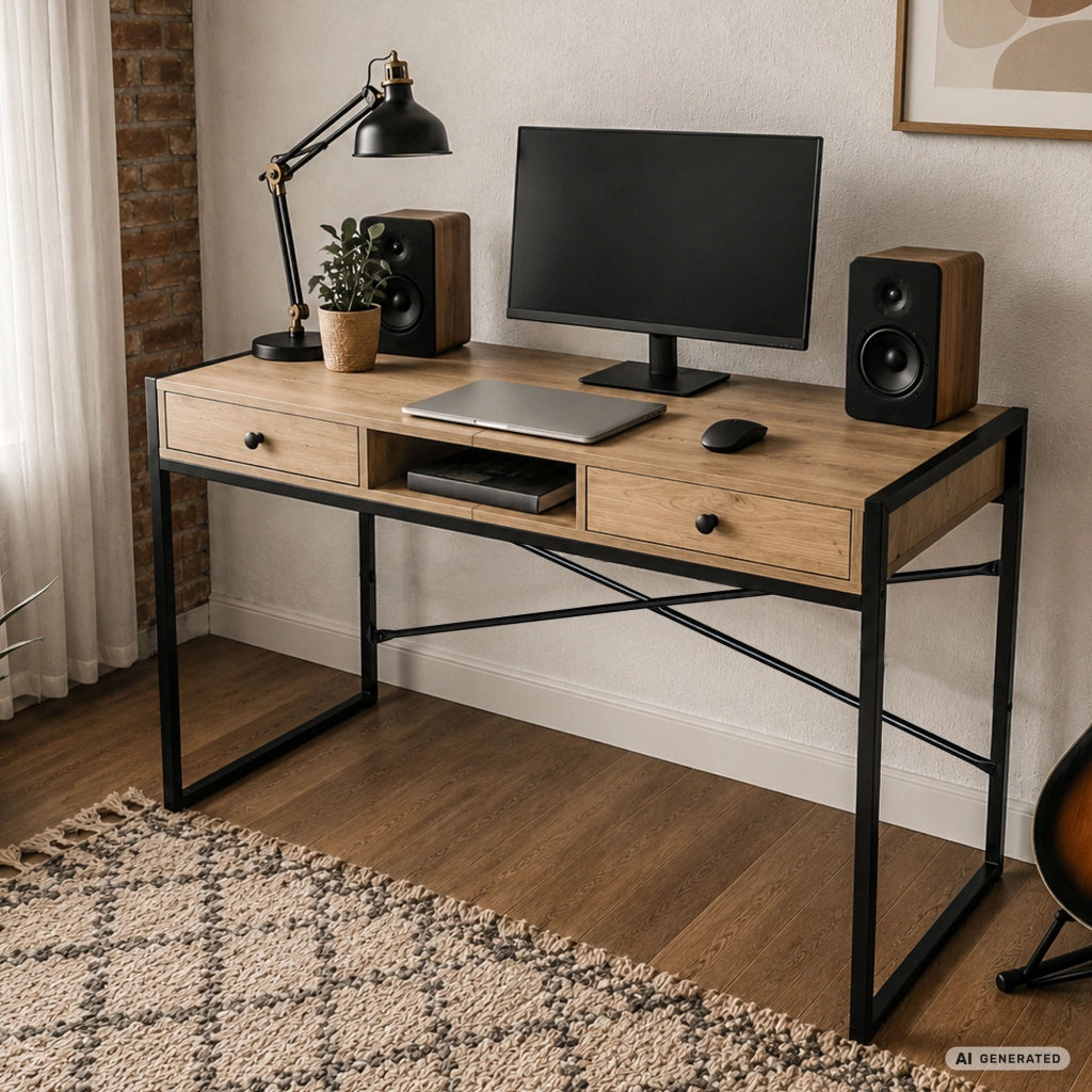 Scrivania industriale per computer Rovere Artisan ELONIS 123 cm 2 cassetti 1 ripiano gambe nere