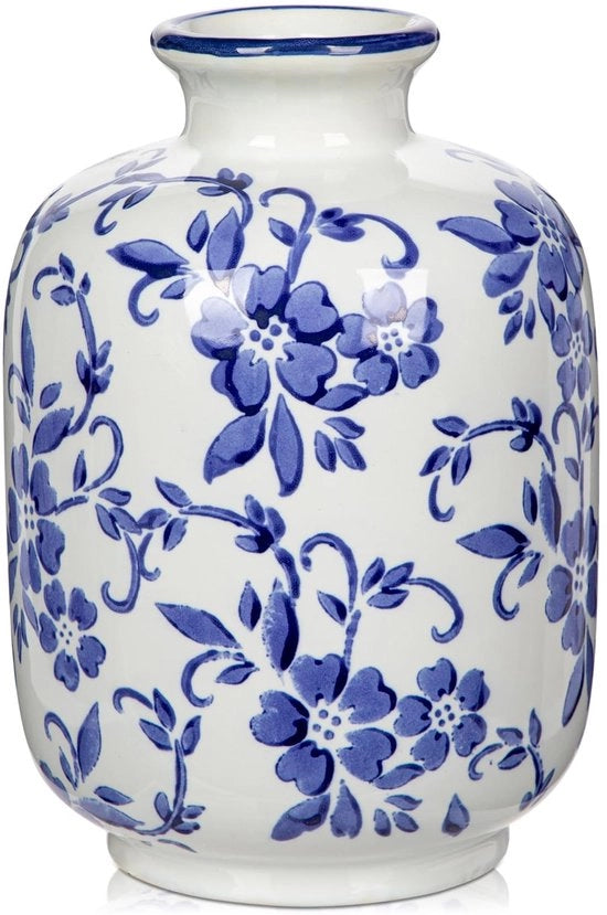 Vaso da fiori in ceramica blu e bianco, 18,5 cm, vaso rustico per fiori in porcellana blu-grigia, stile rurale, decorazione scandinava per la camera d'hotel.