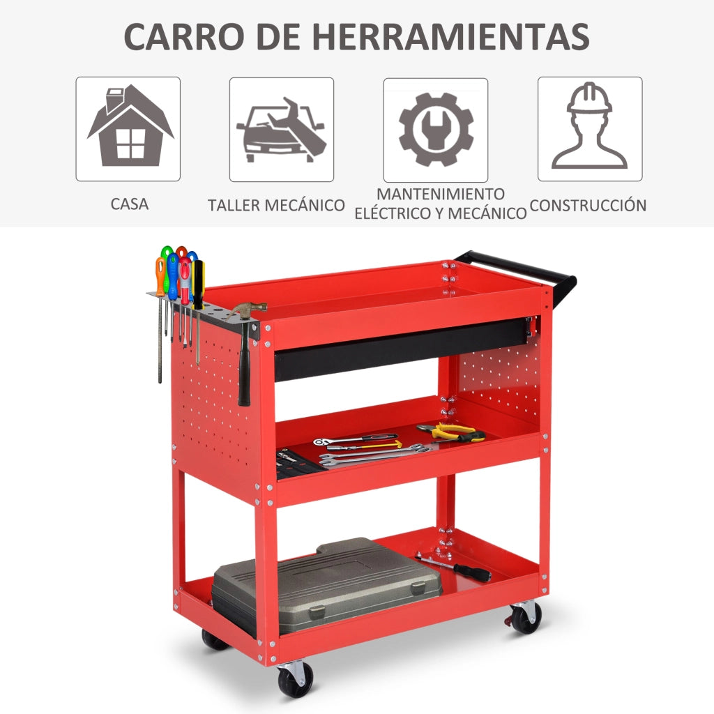 Carrello Porta Attrezzi con 3 Ripiani e Cassetto ¨C Xylo ¨C Ruote Frenanti Rosso
