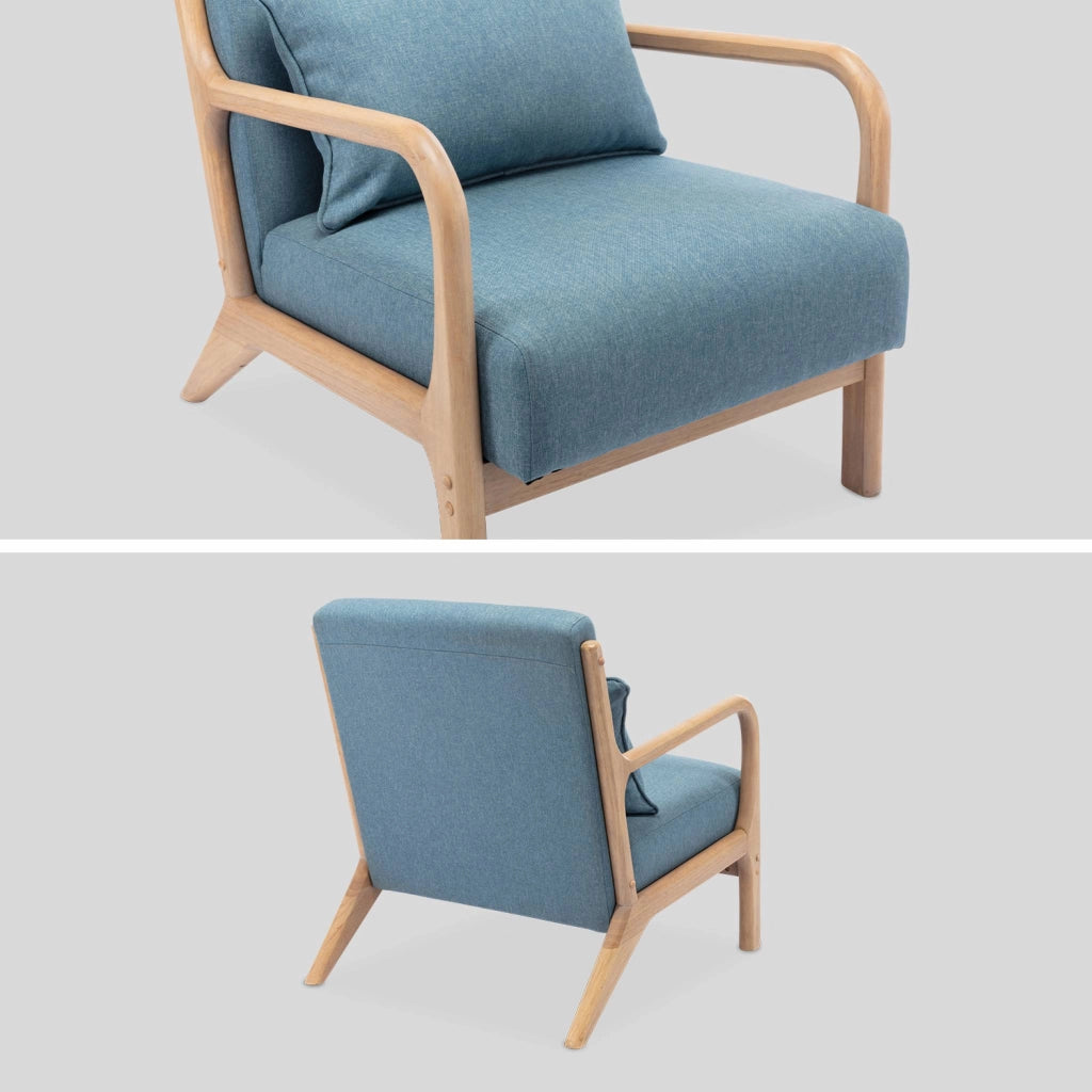 Poltrona scandinava in legno e tessuto con braccioli, blu