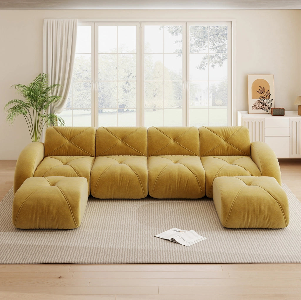 Divano modulare a U 358x171x76 cm in chenille gialla; 4 posti; design senza telaio