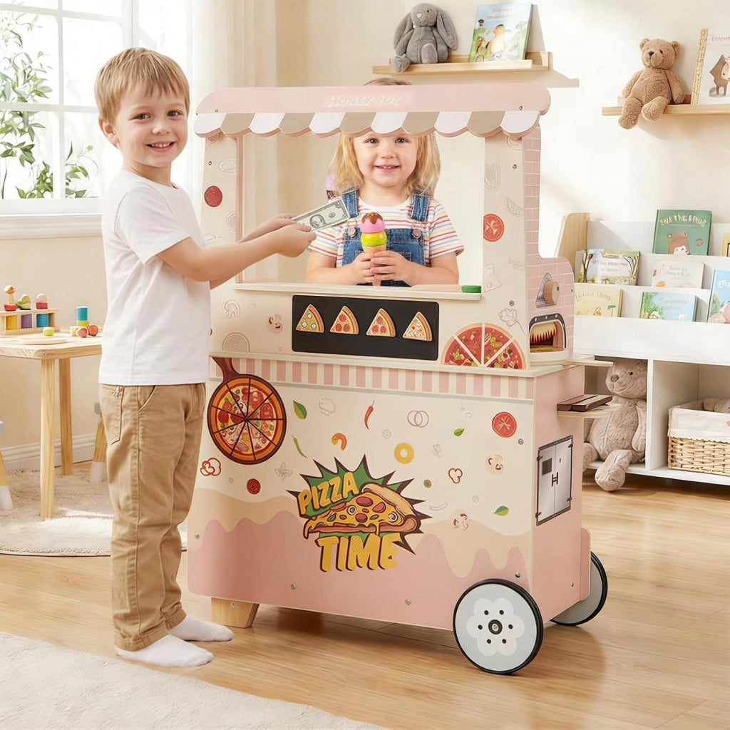 Carrello Pizza Giocattolo per Bambini, Carrello Gelato in Legno con Ruote, Distributore Automatico, Espositore e 41 Accessori, Centro Attività Montessori per Bambini 3+ Anni, 81 x 33 x 88 cm