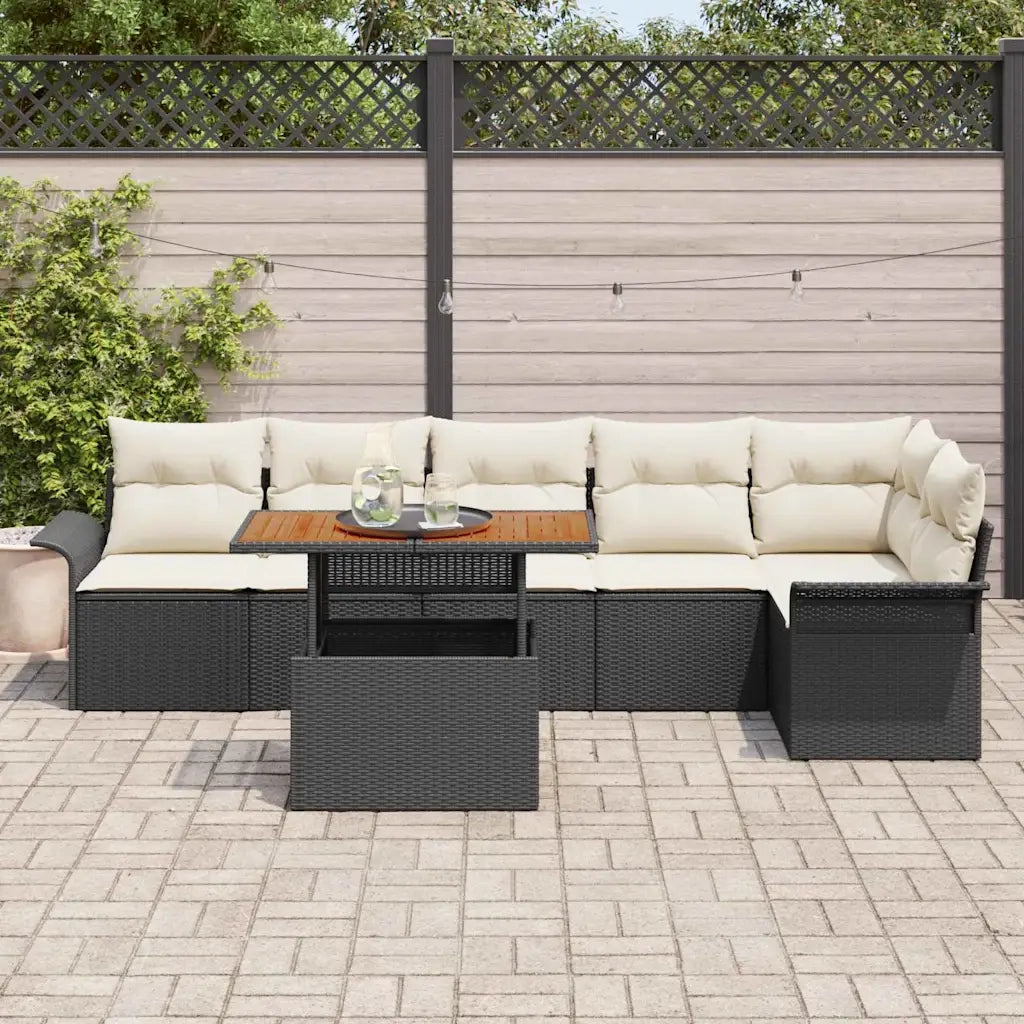 Set Divano da Giardino 7 pcs Nero e Crema polyrattan
