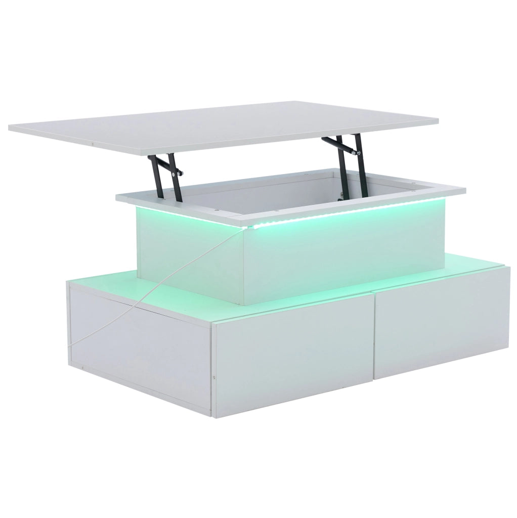 Tavolino da caffè LED in finitura bianco lucido 90x55x41 cm con 4 cassetti e vano contenitore