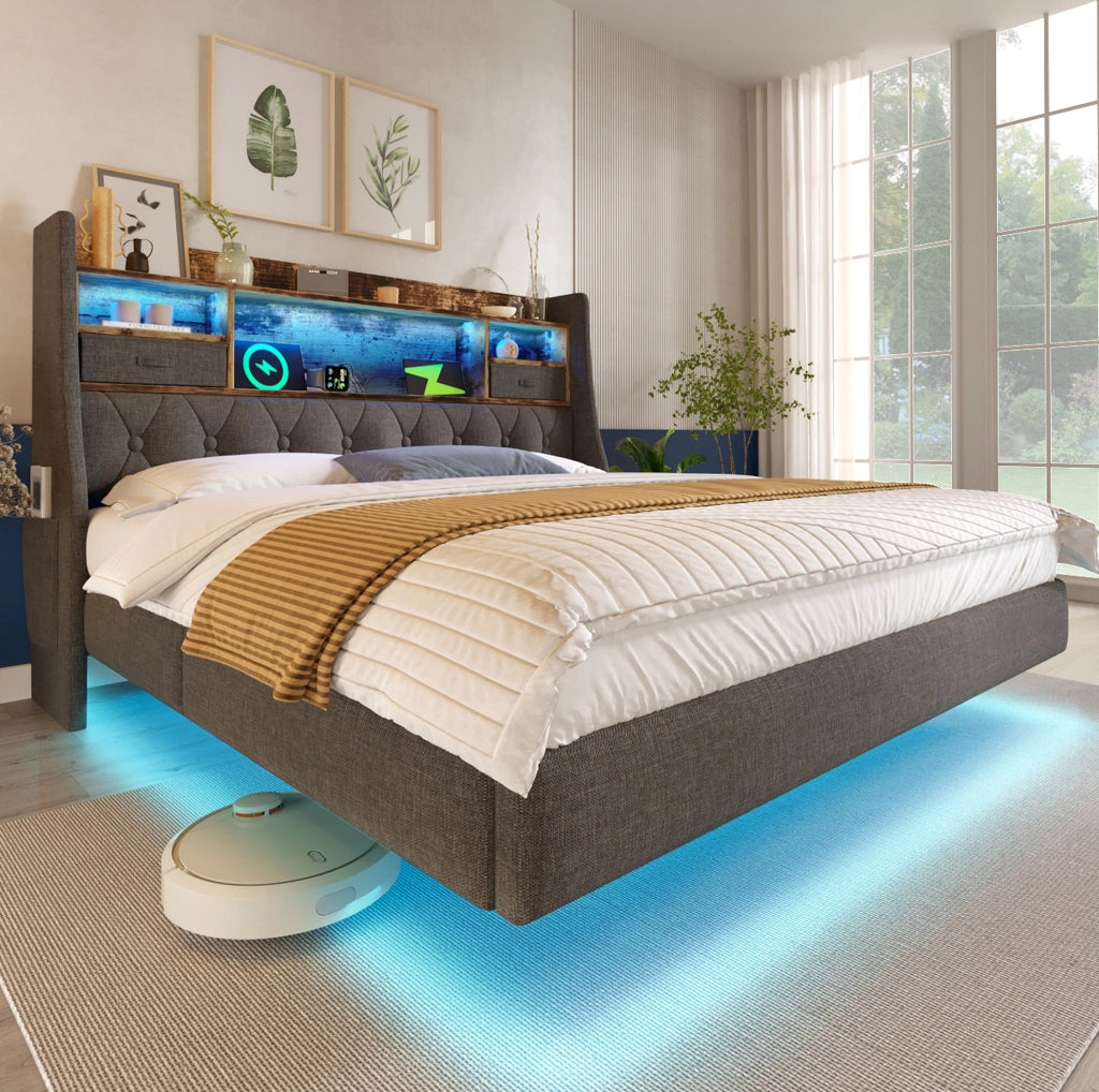 Letto imbottito 140x200 cm grigio con materasso, LED, USB-C e contenitore