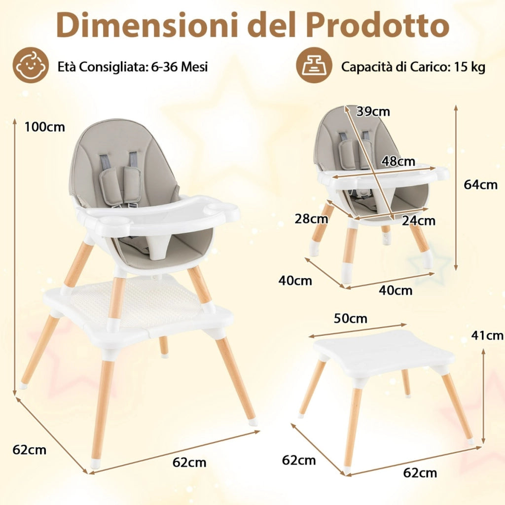 Set tavolo sedia 6-in-1 convertibile con vassoio rimovibile, Sedia in legno per pranzo e studio per bambini Grigio-Seggioloni
