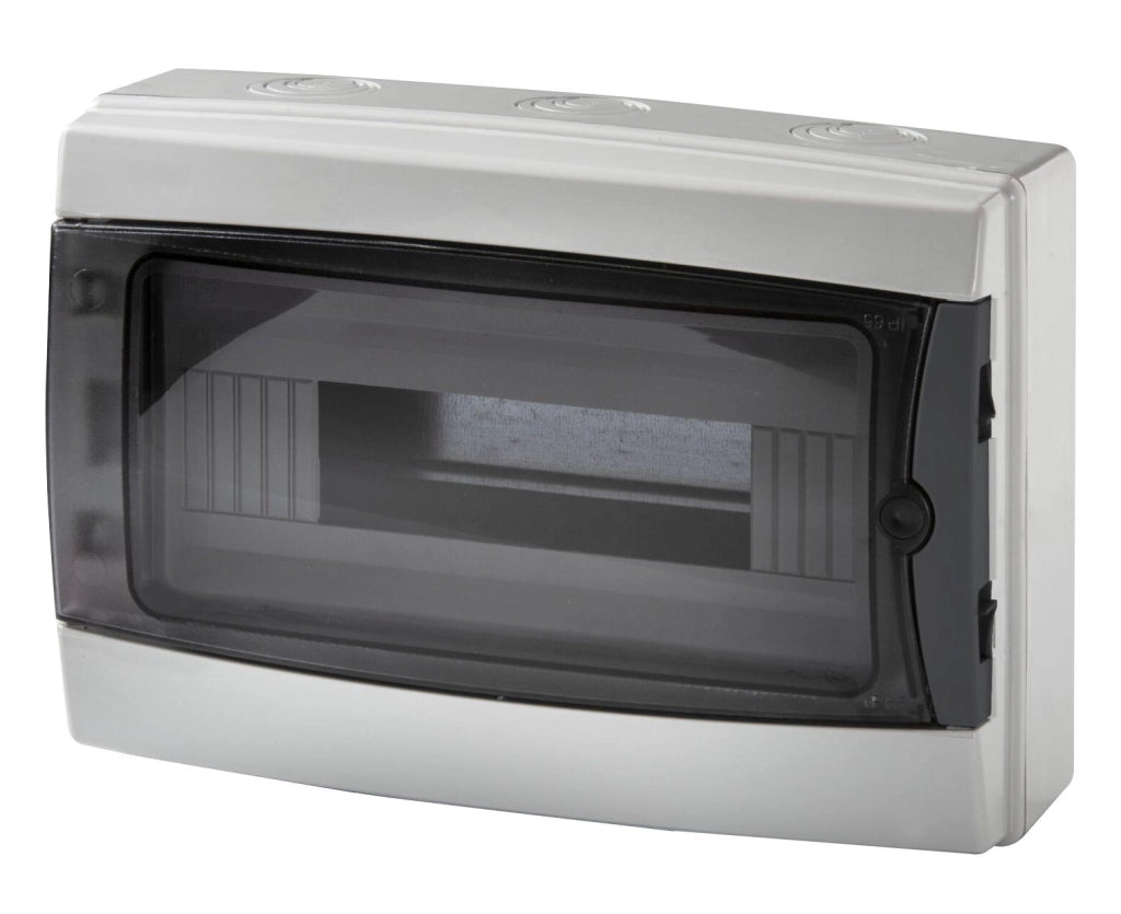 Centralino da parete 12 moduli con portello fumé, grigio RAL 7035, 280x220x100 mm, IP65, ideale per installazioni elettriche interne ed esterne