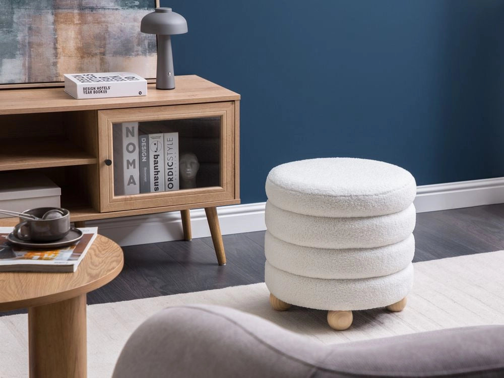 Pouf Bianco Sporco Boucle Tappezzeria Gambe in legno di pino Poggiapiedi Accessori per la casa Soggiorno