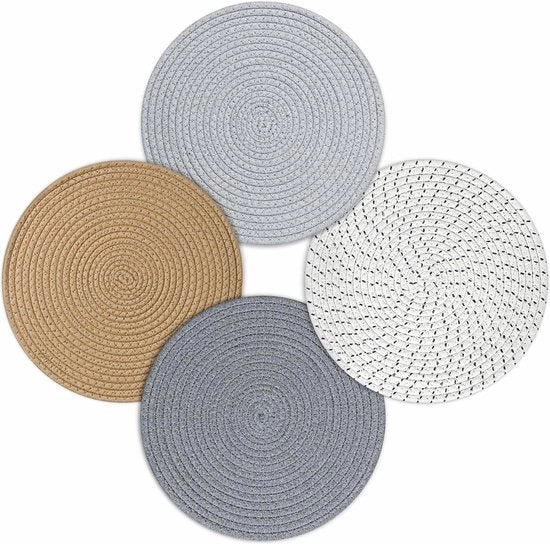 Set di tovagliette tessute da 4 pezzi bianchi con puntini grigi - Canapa da giardino - Tovagliette antiscivolo - Tovagliette per esterno - Tavola in terracotta