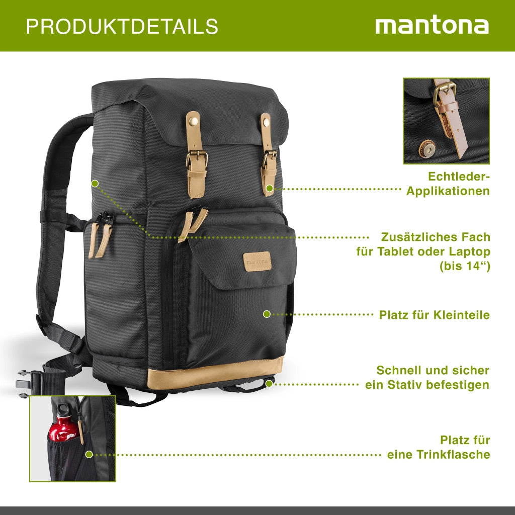 Mantona Luis Retro Zaino fotografico (con applicazioni in vera pelle, copertura antipioggia,per laptop, adatto per 1 fotocamera DSLR, 3 obiettivi e vari accessori fotografici) nero