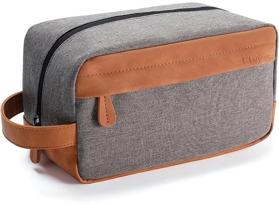 Kit per il bagno per uomini con contenitore a doppio contenitore, impermeabile, in pelle PU, grande capacità per viaggi e bagno, grigio, dimensione media