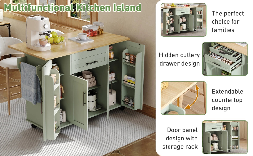 Carrello cucina mobile con piano estraibile 120x45 cm, anta doppia, cassetto nascosto e ripiani regolabili, verde anticato
