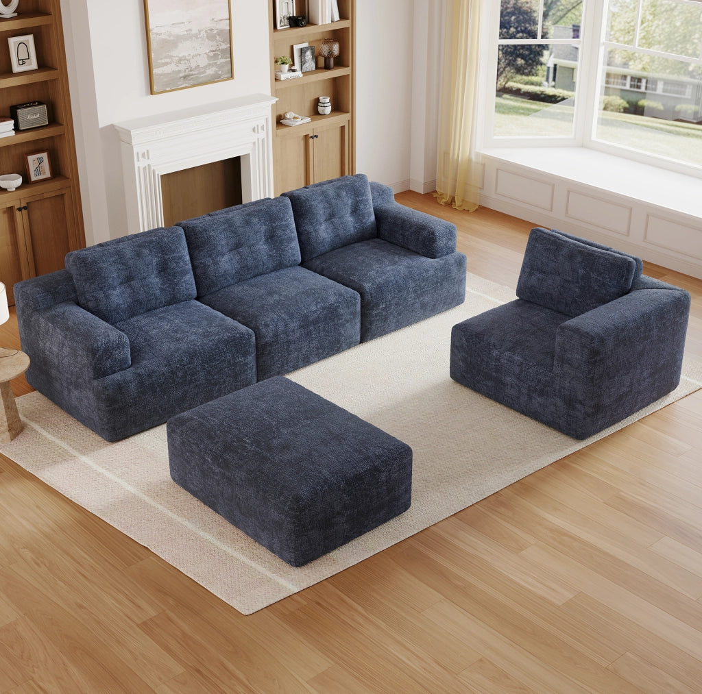 Divano modulare a U in ciniglia blu con poggiatesta e pouf; 252 × 180 × 82 cm