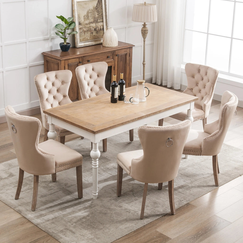 Sedia da Pranzo con Schienale e Seduta in Velluto Beige ¨C MINIMAL ¨C Set 6 Pezzi, Gambe in Legno Massello