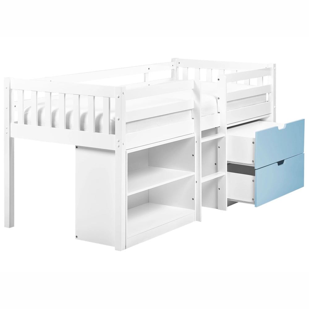 Letto per bambini bianco e blu in legno 90 x 200 cm con rete a doghe, cassetti e ripiani, letto per bambini piccoli
