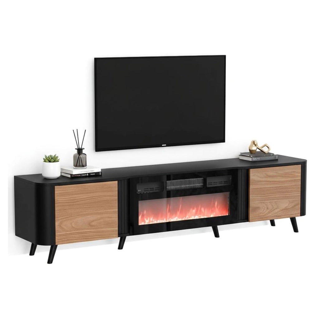 Mobile porta TV Vicino, Madia da salotto con due ante battenti e camino elettrico, Rialzato da terra, 191x40 h58 cm, Nero e Noce