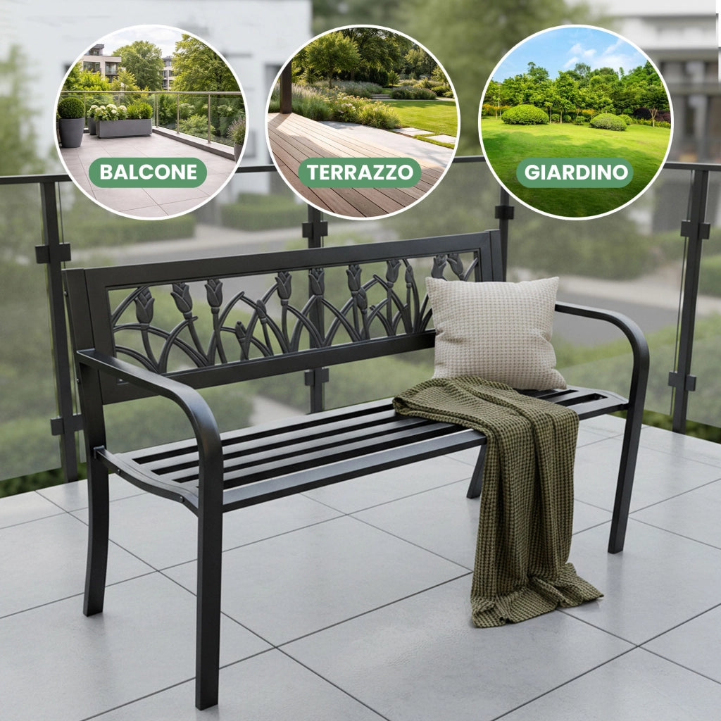 Panchina da giardino nera LISSA con gambe in acciaio larghezza 124 cm