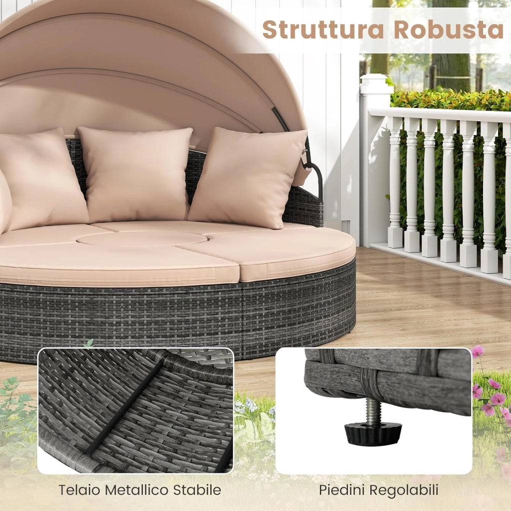 2 in 1 Isola Prendisole per 2 Persone da Giardino, Lettino Prendisole Rotondo in Rattan con Tettuccio Retrattile e Cuscini, Letto da Esterno per Relax e Festa, 172 x 180 x 141 cm (Beige)