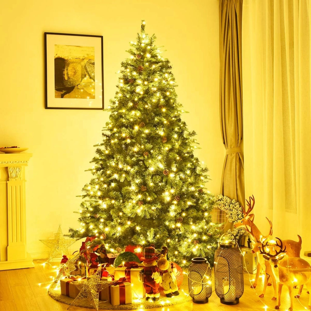 Albero di Natale 210 cm, Albero di Natale con 460 Luci a LED Bianco Caldo, 925 Rami e Pigne, Decorazione Natalizia per Casa e Negozio (210cm)