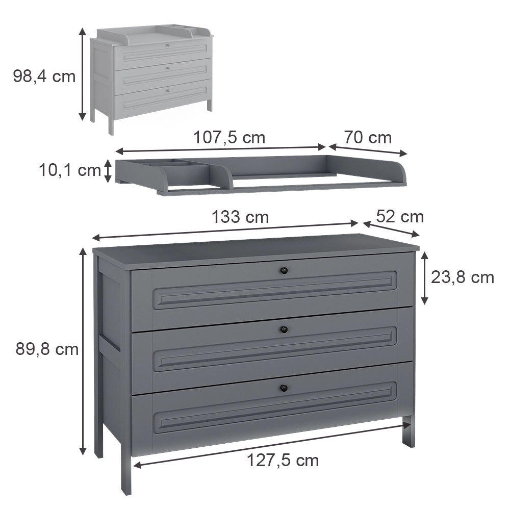 Vitalispa Fasciatoio Grigio 133 x 98.4 cm con 3 cassetti