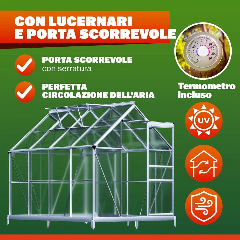 ® Serra da Giardino in Alluminio 4,8m² 250x190cm incl. 4 Lucernari Coltivazione Orto per Piante Giardinaggio 7,7m³