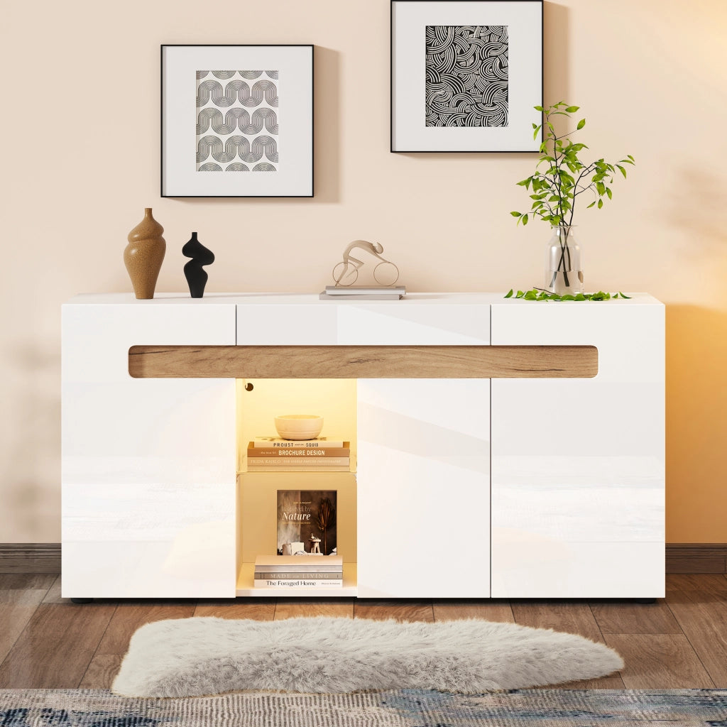Credenza con 3 Ante e LED con Controllo App; Bianco Lucido; con Ripiano in Vetro; in Truciolare; 140??40??70 cm