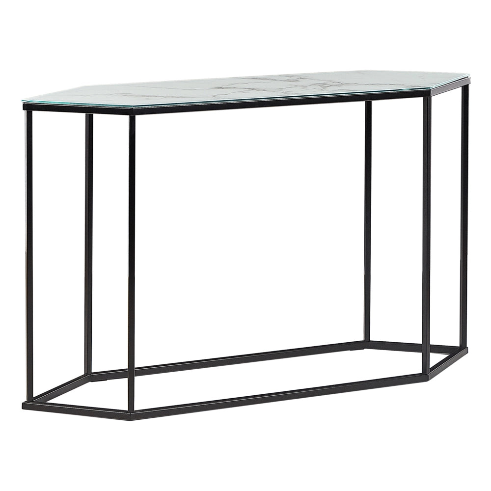 Consolle Vetro Temperato Bianco e Nero Acciaio 120 x 35 cm Effetto Marmo Gambe in Metallo Nero Glamour Soggiorno Corridoio Camera da Letto