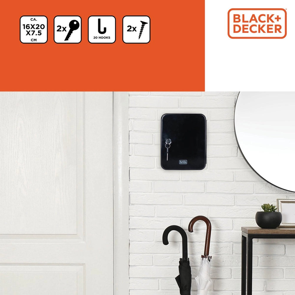 Cassetta Portachiavi Nera da Muro Serratura e Doppia Chiave 20 Ganci Ingresso Black & Decker