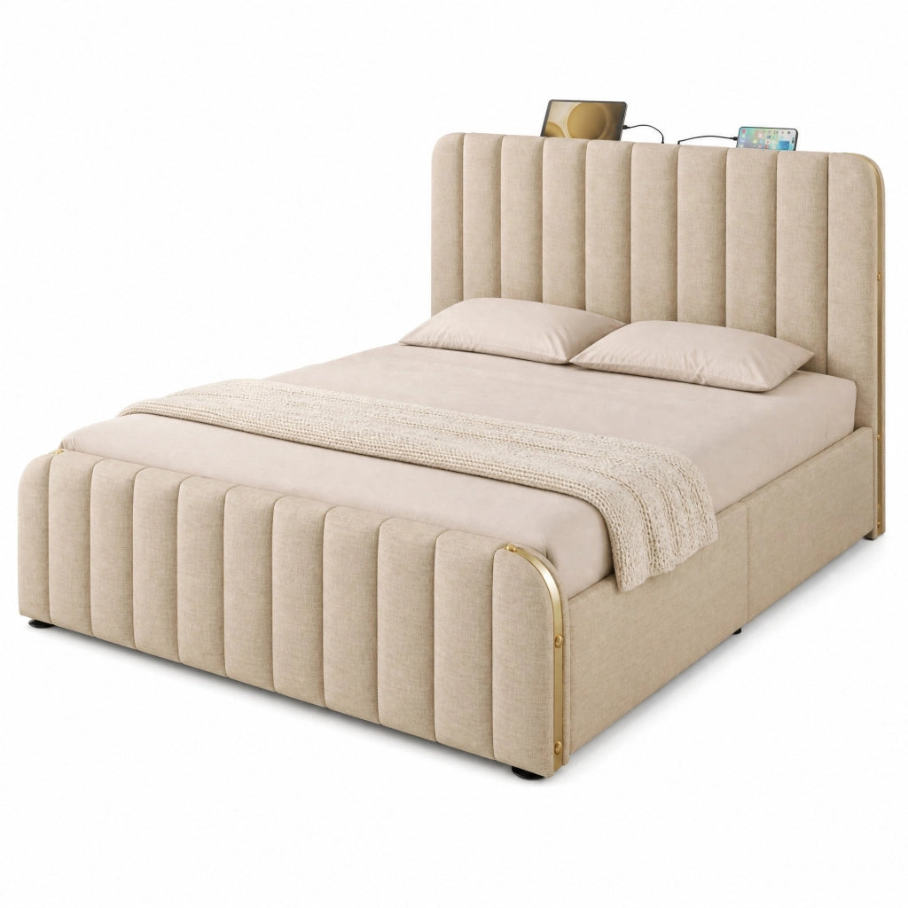 Letto Contenitore Matrimoniale 160x200 cm; USB e Type-C; in Lino Beige