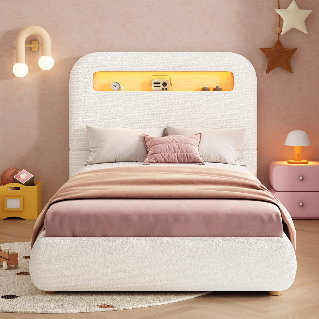 Letto singolo imbottito 90x200 cm con contenitore idraulico, LED e rete a doghe, bianco bouclé