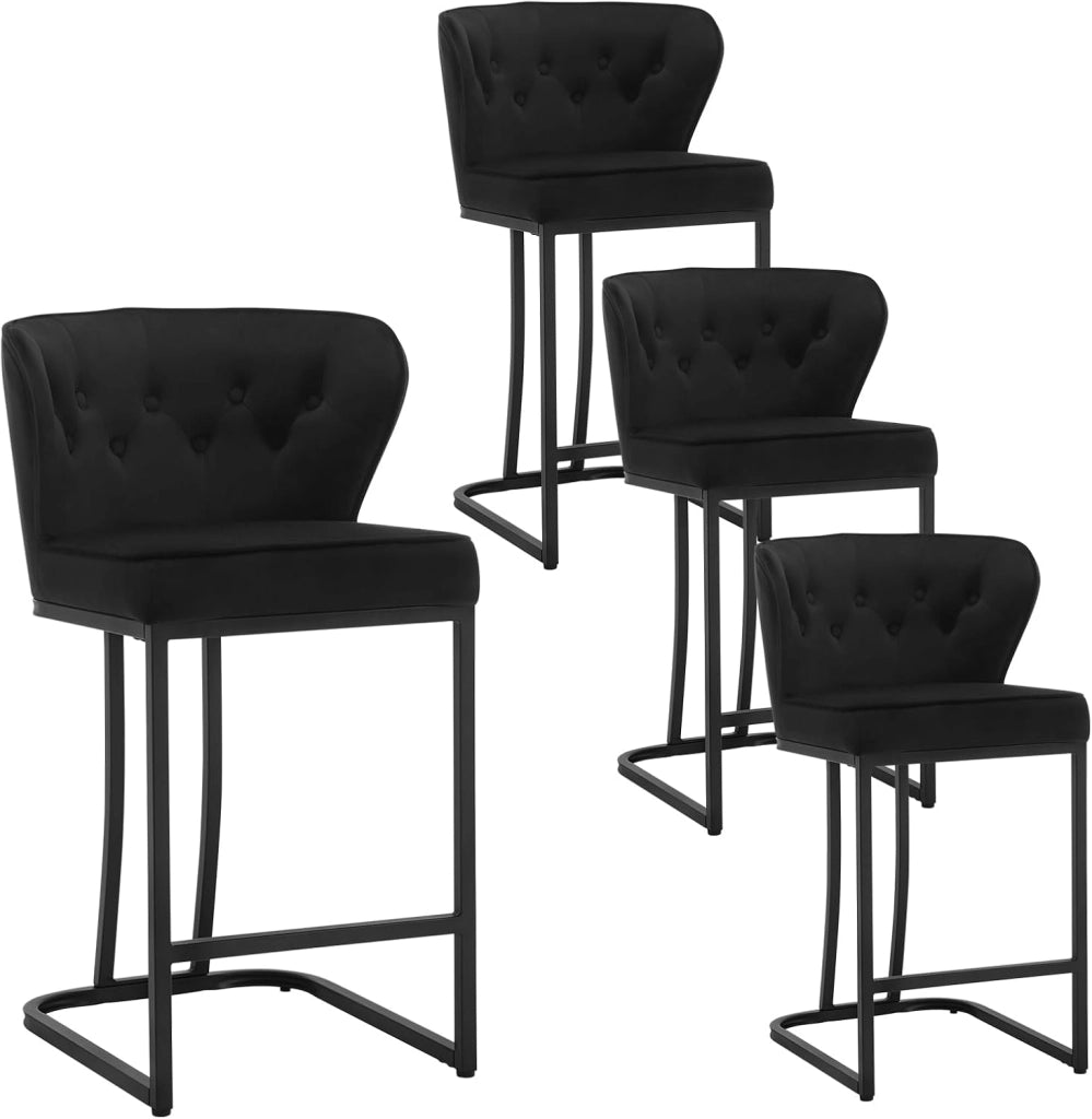 Set di 4 Sgabelli da Bar con Schienale, Sedie Sala da Pranzo con Poggiapiedi, Sedie Ergonomica per Cucina, Camera da Letto, Sgabelli in Velluto e Gambe in Metallo, Grigio Scuro, BH383dgr-4
