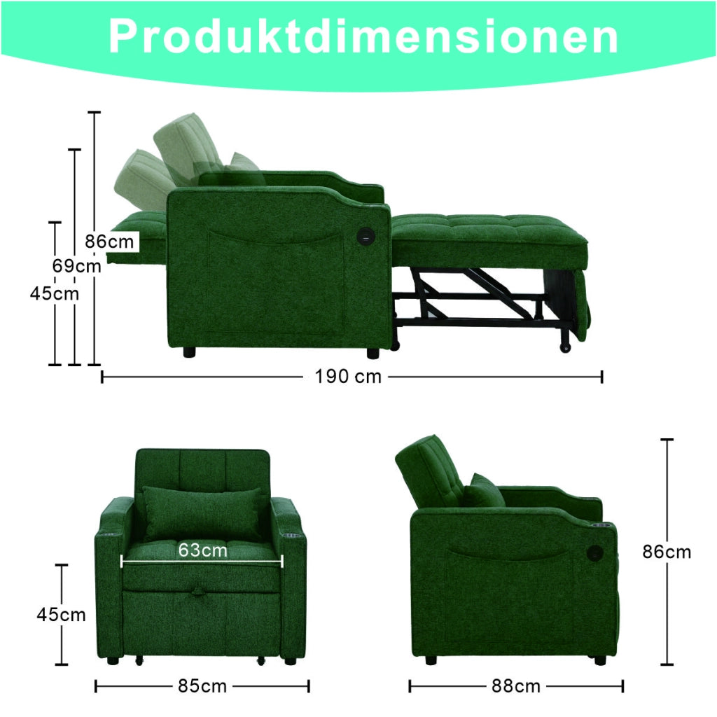 Divano Letto con USB ¨C MINIMAL ¨C Verde, Trasformabile