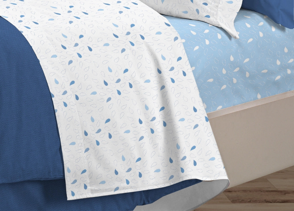 Completo Lenzuola Letto 100% Cotone Made Italy 3027 Disegno Goccia - Piazza E Mezza - Azzurro