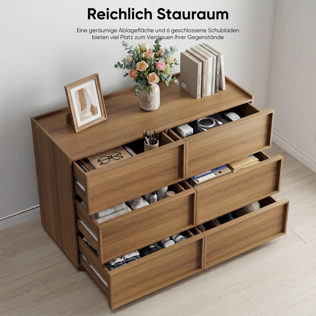Comò con 6 cassetti e guide metalliche, per camera da letto e soggiorno, in MDF e truciolato, rovere, 115 × 48 × 78 cm