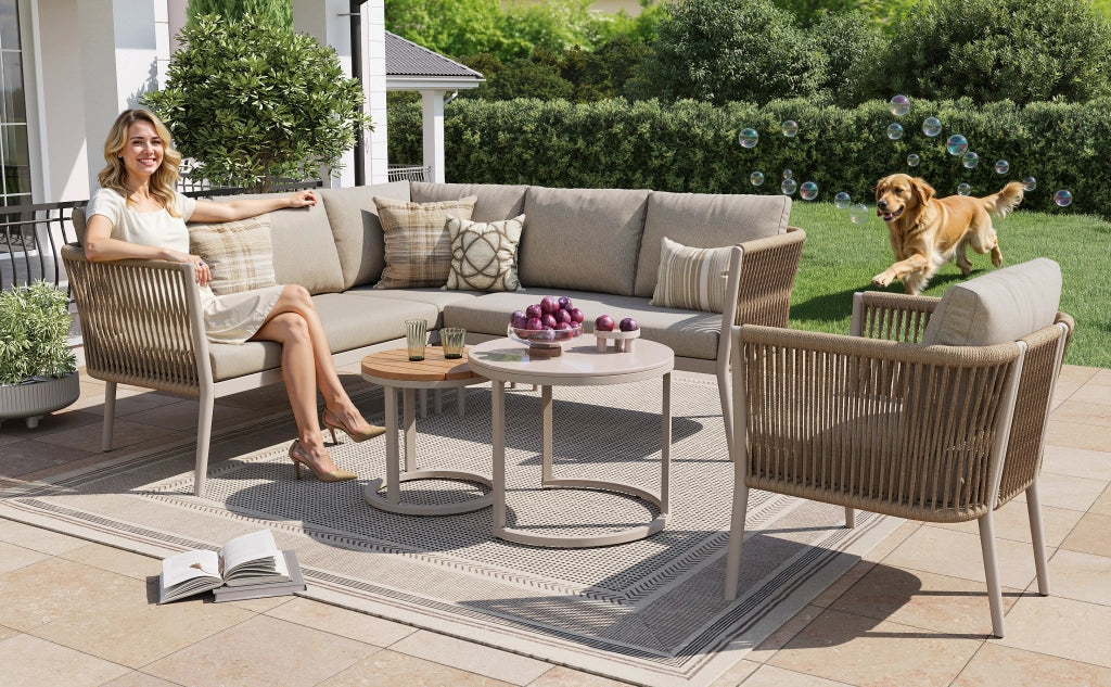 Set salotto giardino 5-6 persone 6 pezzi: corda sedute + Divanooo angolare modulare; cuscini; terrazzo/balcone; beige