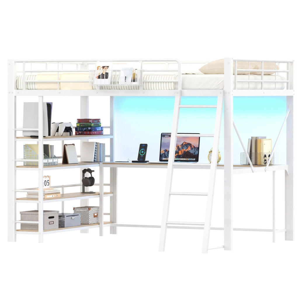 Letto a soppalco 140x200 cm con scrivania, LED, USB e ripiani bianco