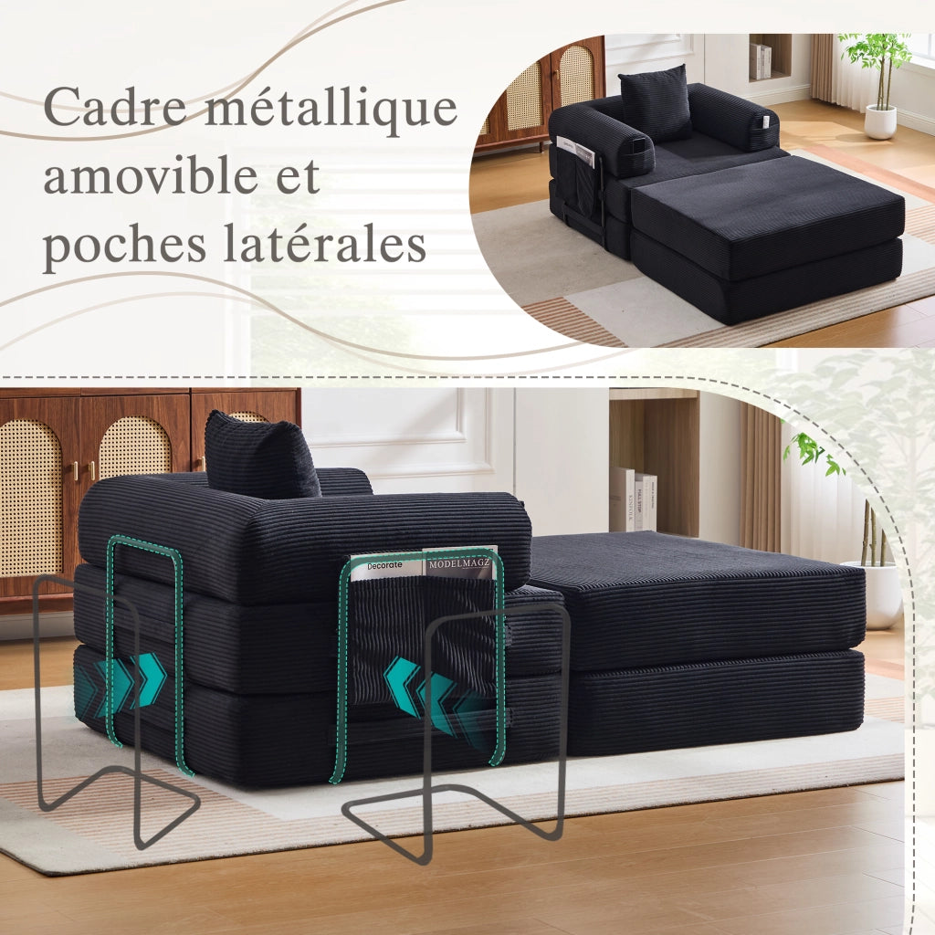 Divano modulare in velluto a coste con tasca laterale e cuscino, ergonomico e ad alta densità, nero