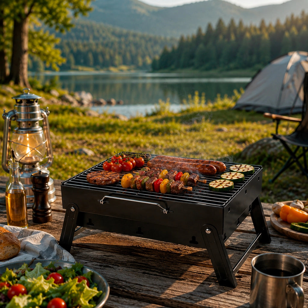 Barbecue A Carbone Portatile Pieghevole BBQ Con Griglia In Metallo Struttura Resistente Maniglia Integrata E Ventilazione Laterale 45.5 x 29.5 x 23 Cm Nero