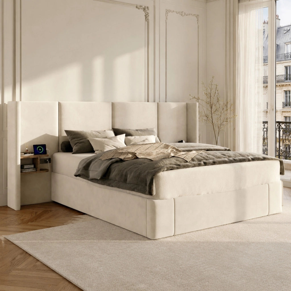 Letto contenitore 160x200 cm in velluto beige con 2 comodini; USB-A/USB-C e prese