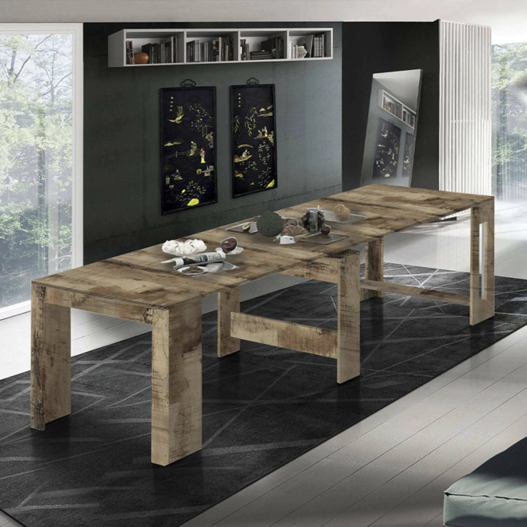 Tavolo da pranzo Anello, Made in Italy, Consolle allungabile fino a 12 posti, con portallunghe, cm 51/300x90h77 Acero