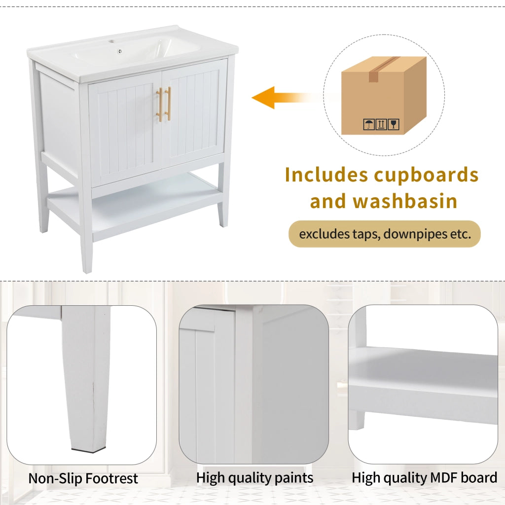 Mobile sottolavabo con lavabo in ceramica e vano inferiore aperto, struttura a pavimento, per bagno, in MDF, bianco